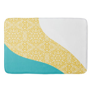 Simple Waves - Floral Pattern Turquoise and Yellow Bath Mat