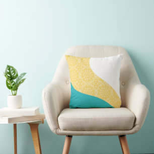 Simple Waves - Floral Pattern Turquoise and Yellow Throw Pillow
