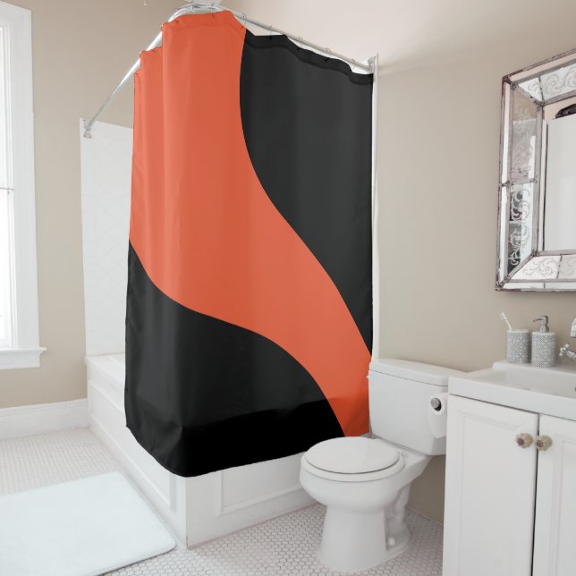 Simple Waves in Black and Orange Shower Curtain (In Situ)