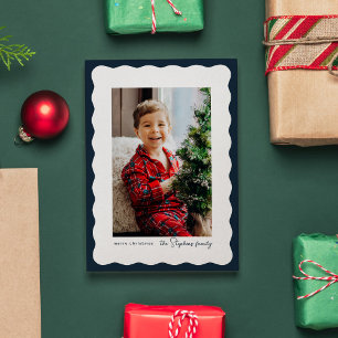 Simple wavy frame navy Christmas photo Holiday Card