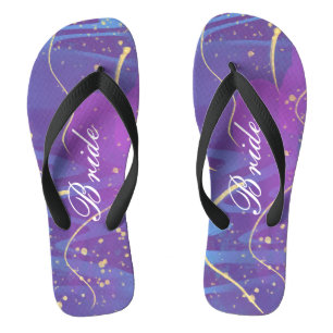 Simple Wavy Gold Lines Purple Wedding Bride Flip Flops