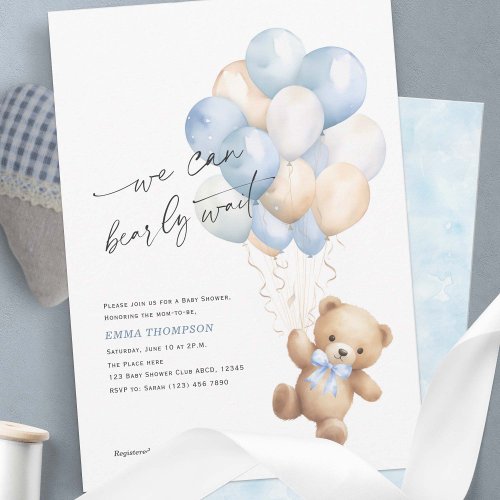Simple We Can Bearly Wait Blue Baby Boy Shower Invitation