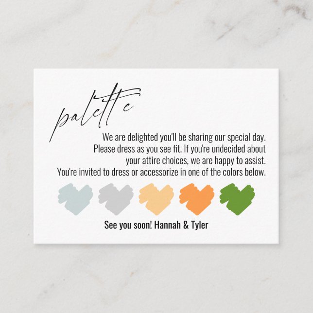 Simple Wedding Attire Color Palette Suggestions Enclosure Card (Front)