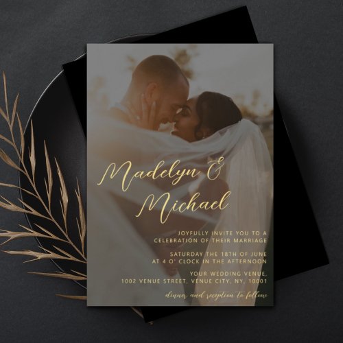 Simple Wedding Black Gold Dark Aesthetic Photo Invitation