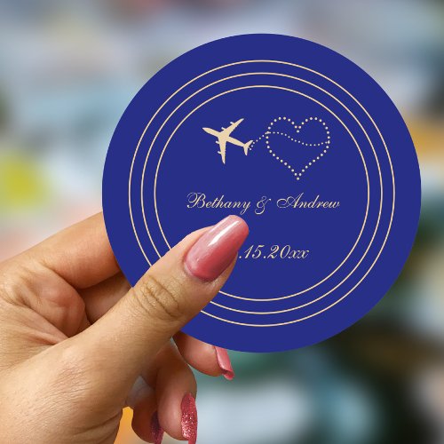 Simple Wedding Blue Gold Travel Classic Round Sticker