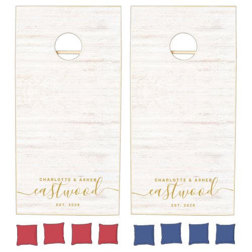 Simple Wedding Couple Gold Monogram Script Name Cornhole Set