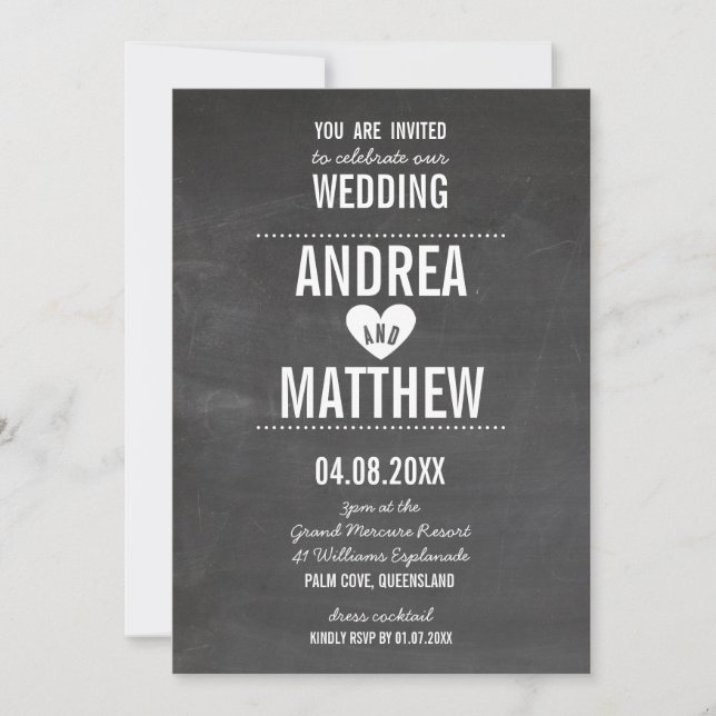 SIMPLE WEDDING cute plain type heart chalkboard Invitation (Front)