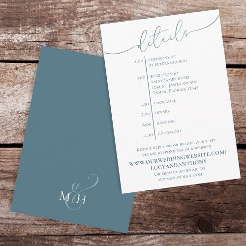 Simple Wedding Details Blue Calligraphy Timeline Enclosure Card