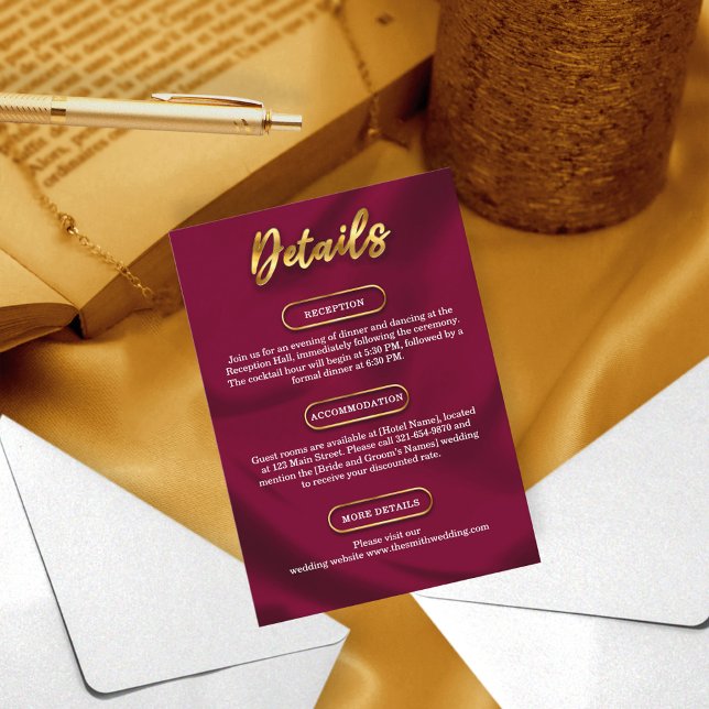 Simple Wedding Details Burgundy & Gold Boho Formal Enclosure Card (Creator Uploaded)