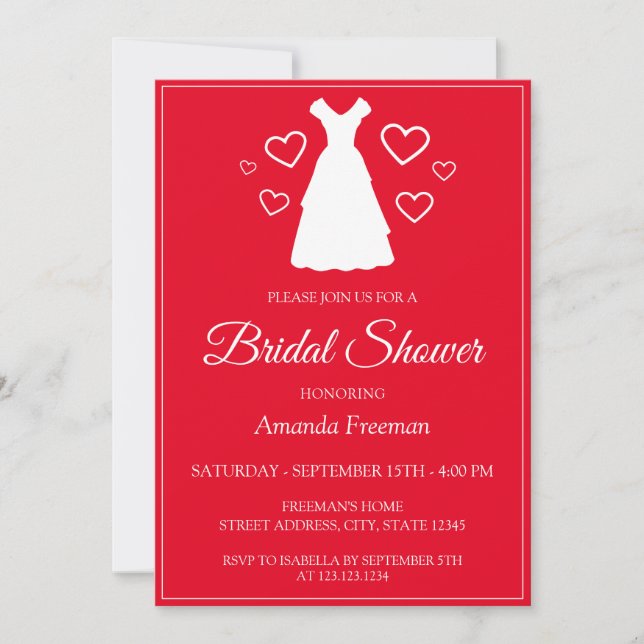 Simple Wedding Dress Silhouette Red Bridal Shower Invitation (Front)