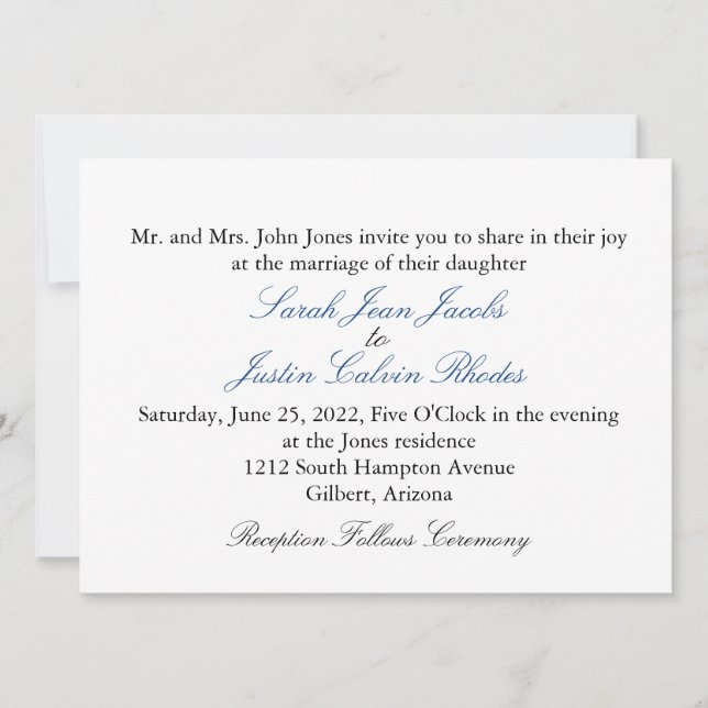 Simple Wedding Invitation with Blue Text (Front)