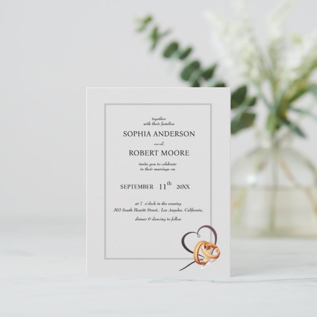simple wedding invitation with wedding rings (Standing Front)
