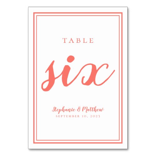 Simple Wedding Minimalist Table Six Coral  White Table Number