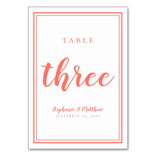 Simple Wedding Minimalist Table Three Coral White Number