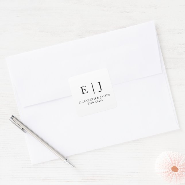 Simple Wedding Monogram Couple Initials Square Sticker (Envelope)