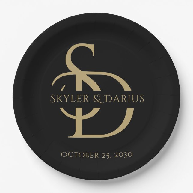 Simple Wedding Monogram Personalized With Name Paper Plates (Front)
