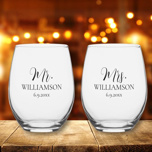 Simple Wedding Mr Mrs Names Date Custom  Stemless Wine Glass