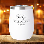 Simple Wedding Mr. Mrs. Names Date Custom  Thermal Wine Tumbler<br><div class="desc">Beautiful wine or coffee tumbler for the wedding couple to commemorate their special day. Design features Mr. on the front (but easily change to Mrs. Personalize by adding names and date. Easily change the font colors too. Makes a perfect wedding or anniversary gift.</div>