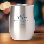 Simple Wedding Mr. Mrs. Names Date Custom  Thermal Wine Tumbler<br><div class="desc">Beautiful wine or coffee tumbler for the wedding couple to commemorate their special day. Design features Mr. on the front (but easily change to Mrs. Personalize by adding names and date. Easily change the font colors too. Makes a perfect wedding or anniversary gift.</div>