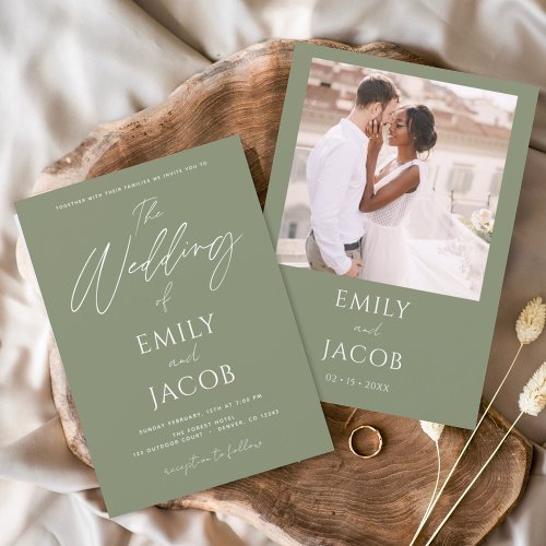 Simple Wedding Photo Sage Green Script Invitation