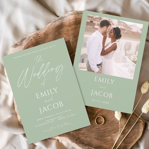 Simple Wedding Photo Sage Green Script Invitation