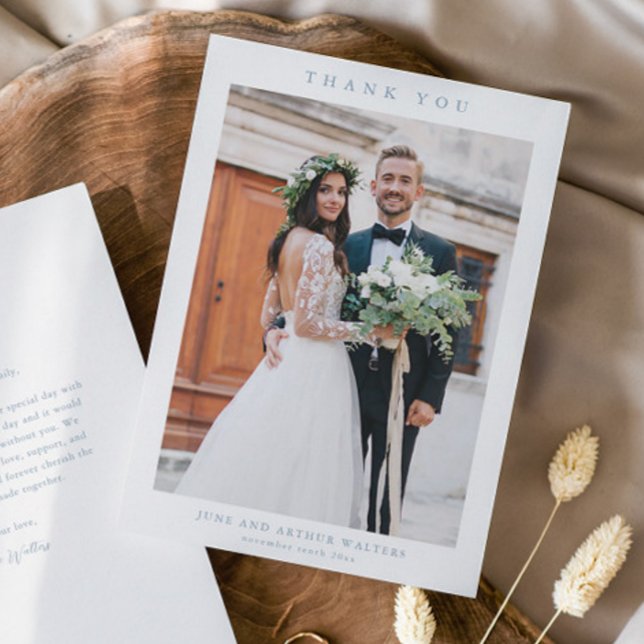 Simple Wedding Photo Thank You Card (Simple dusty blue wedding photo thank you card.)