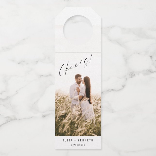 Simple Wedding Photo Wine Bottle Hanger Tag (Front)
