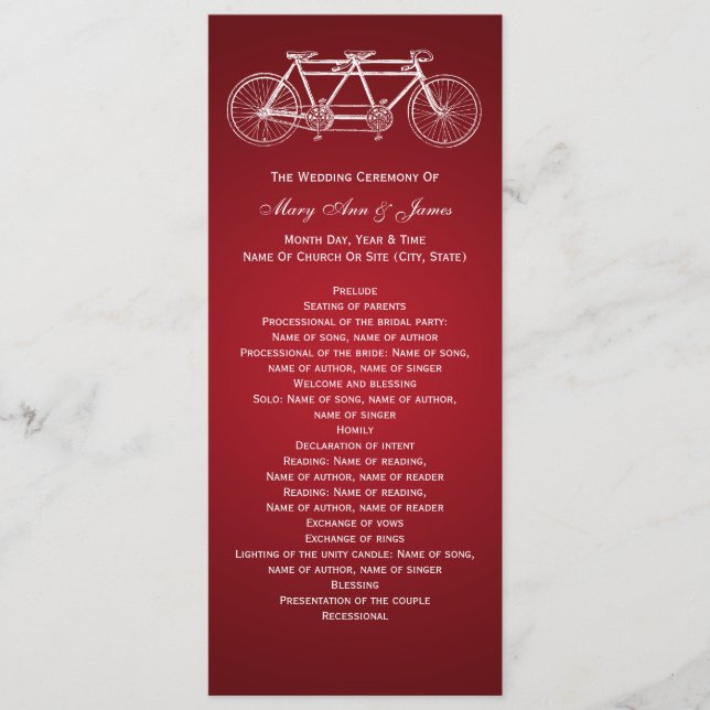 Simple Wedding Program Tandem Bike Red (Front)