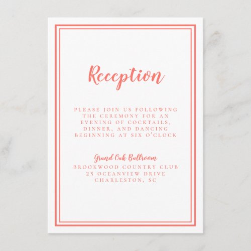 Simple Wedding Reception Framed Coral White Enclosure Card
