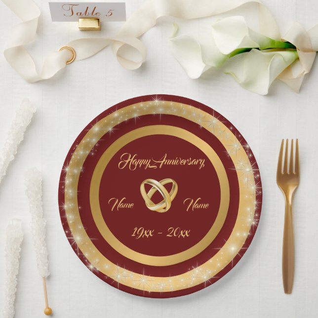Simple Wedding Rings Customize Gold Anniversary Paper Plates (Wedding)