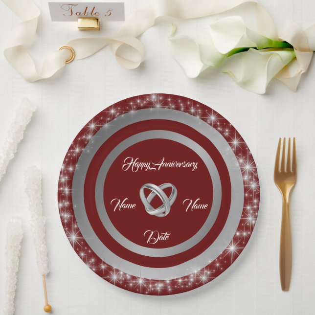 Simple Wedding Rings Customize Silver Anniversary Paper Plates (Wedding)
