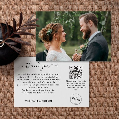 Simple Wedding Script With Monogram And QR Code Thank You Card