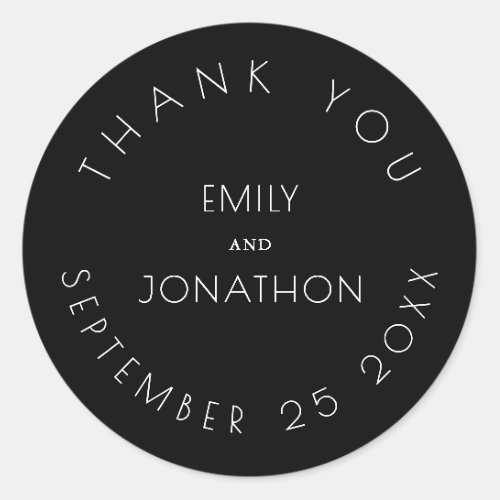 Simple Wedding Thank You Names Date Black White Classic Round Sticker