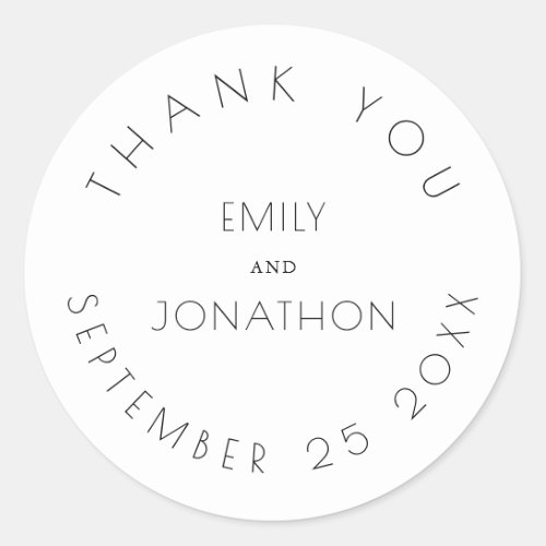 Simple Wedding Thank You Names Date White Black Classic Round Sticker