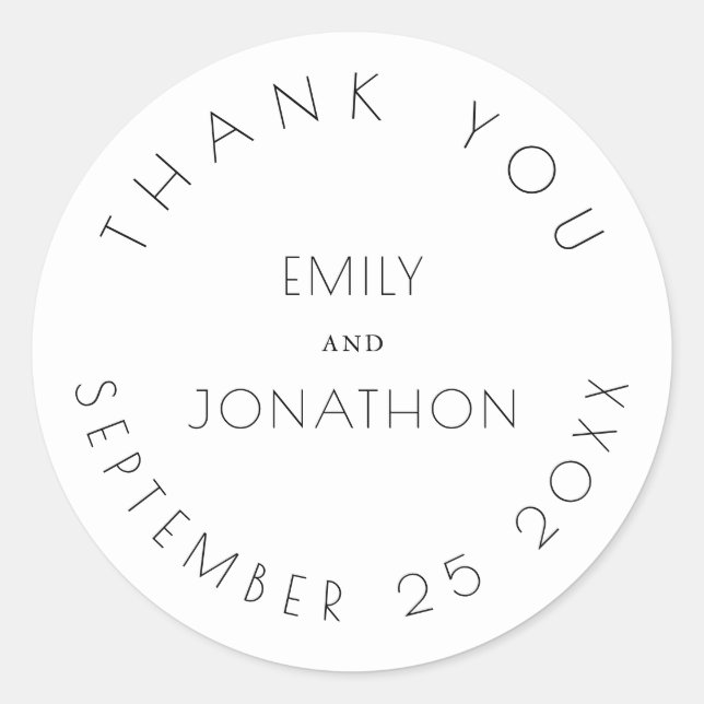 Simple Wedding Thank You Names Date White Black Classic Round Sticker (Front)
