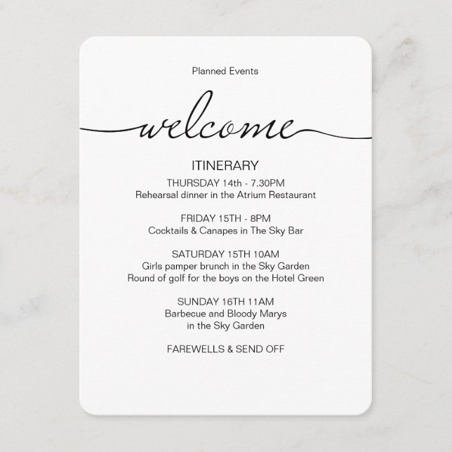 Simple Wedding Weekend Itinerary Favor Bag Welcome Enclosure Card (Front)