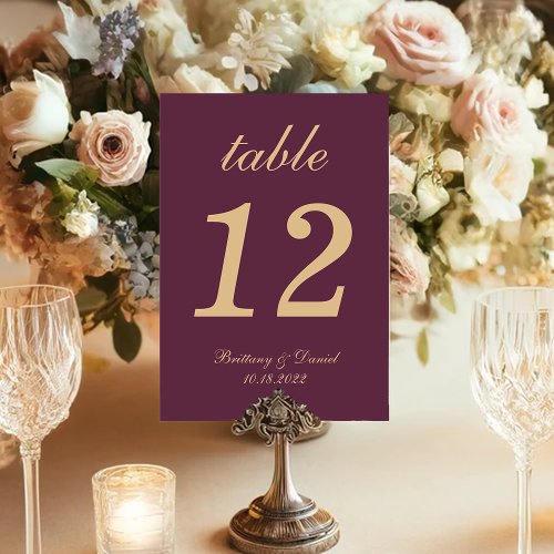 Simple Wedding Wine Color Gold Script Calligraphy Table Number