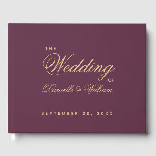 Simple Wedding Wine Color Golden Calligraphy Guest Book