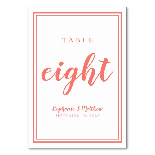 Simple Weddings Table Number Eight Coral  White 