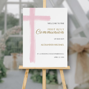 Simple Welcome Pink Cross First Holy Communion Foam Board