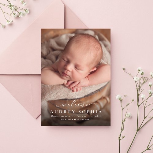 Simple welcome script pink photo birth announcement