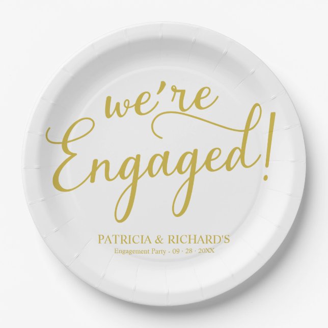 Simple We're Engaged Engagement Party Gold Paper Plates (Front)