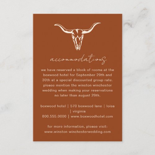 Simple Western Bohemian Cow Skull Accommodations Enclosure Card