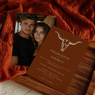 Simple Western Bohemian Cow Skull Photo Wedding Invitation