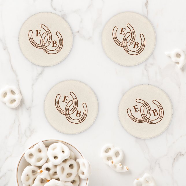 Simple Western Horseshoe Monogram Initials Wedding Coaster Set (In Situ)