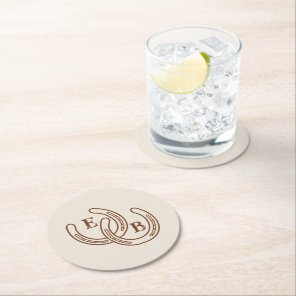 Simple Western Horseshoe Monogram Initials Wedding Round Paper Coaster