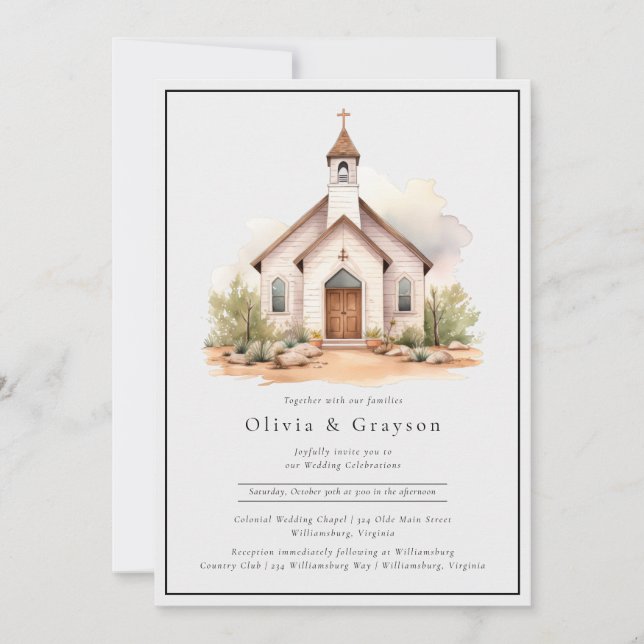 Simple Western Watercolor Chapel Wedding  Invitation (Front)