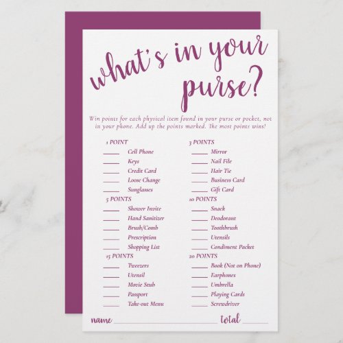 Simple Whats In Your Purse  Berry Pink Game Card