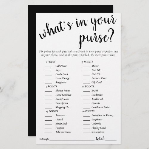 Simple Whats In Your Purse  Black White Game Card