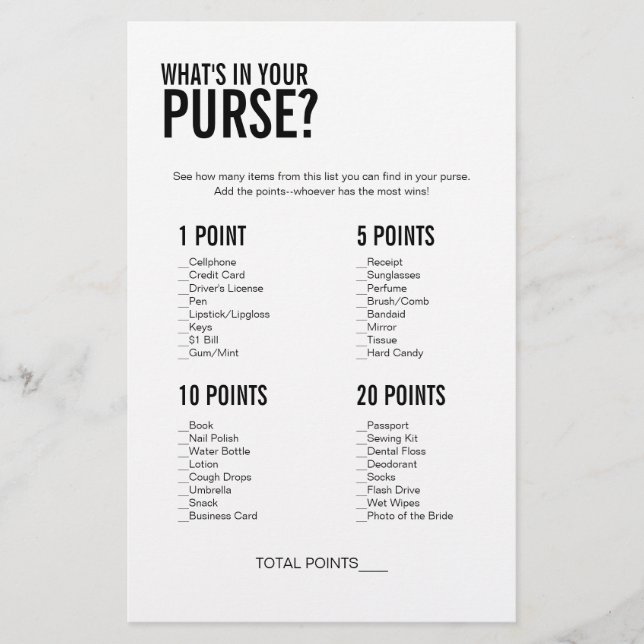 Simple What's In Your Purse Bridal Shower Game (Front)